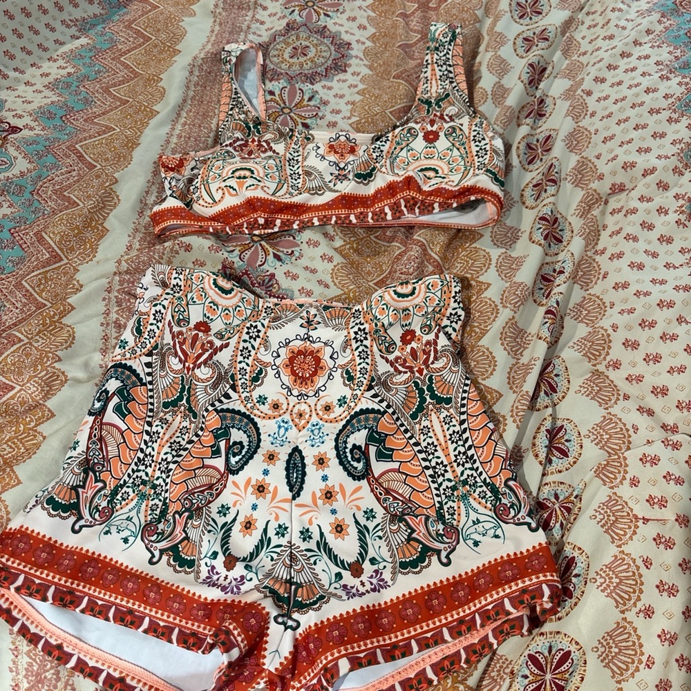 Colorful Paisley Print Two-Piece Swimsuit Set